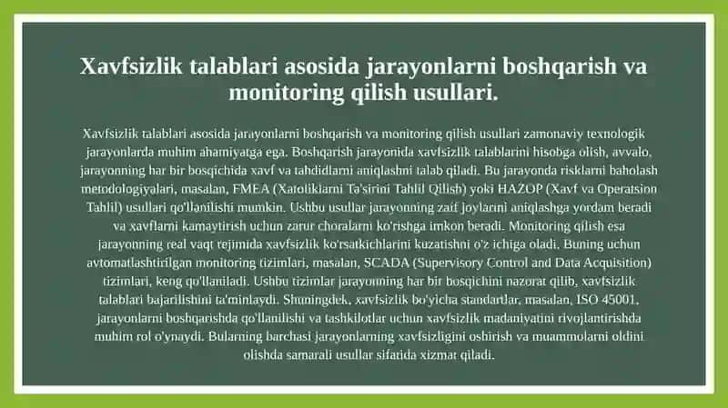 Texnologik jarayonlardagi rejimlar xavfsizlik talablarga javob berish 4