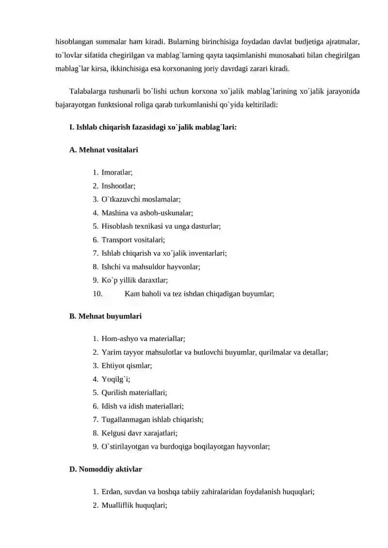 Korxonalarning xo`jalik mablag`lari va ularni turkumlash 4