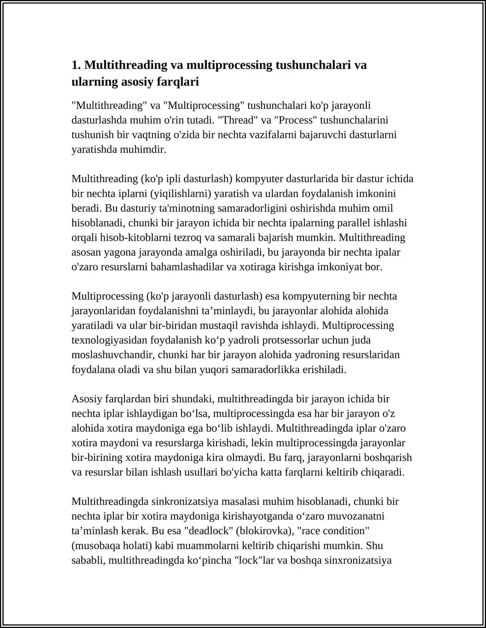 MULTITHREADING VA MULTIPROCESSING – THREADING VA MULTIPROCESSING MODULLARINING FARQLARI VA ISHLATILISHI 4