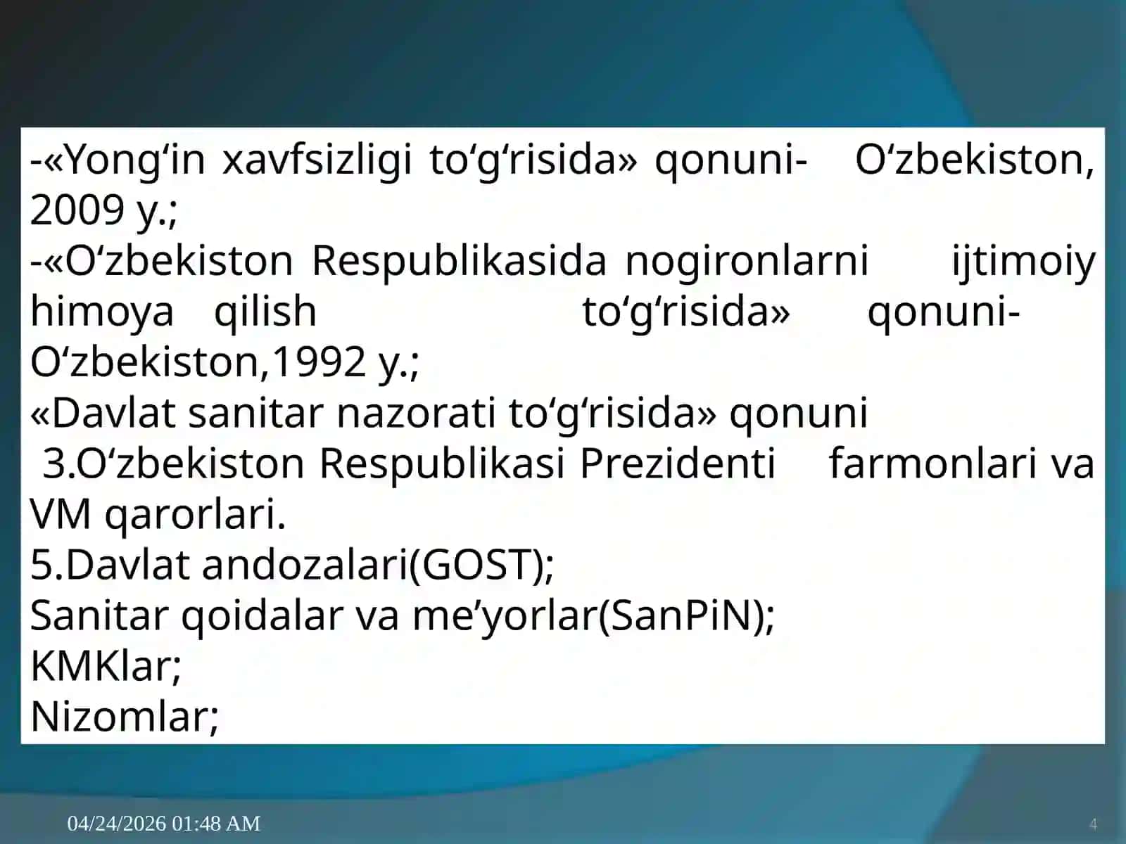 MEHNAT XAVFSIZLIGINI ME’YORIY - HUQUQIY TARTIBGA SOLISH 4
