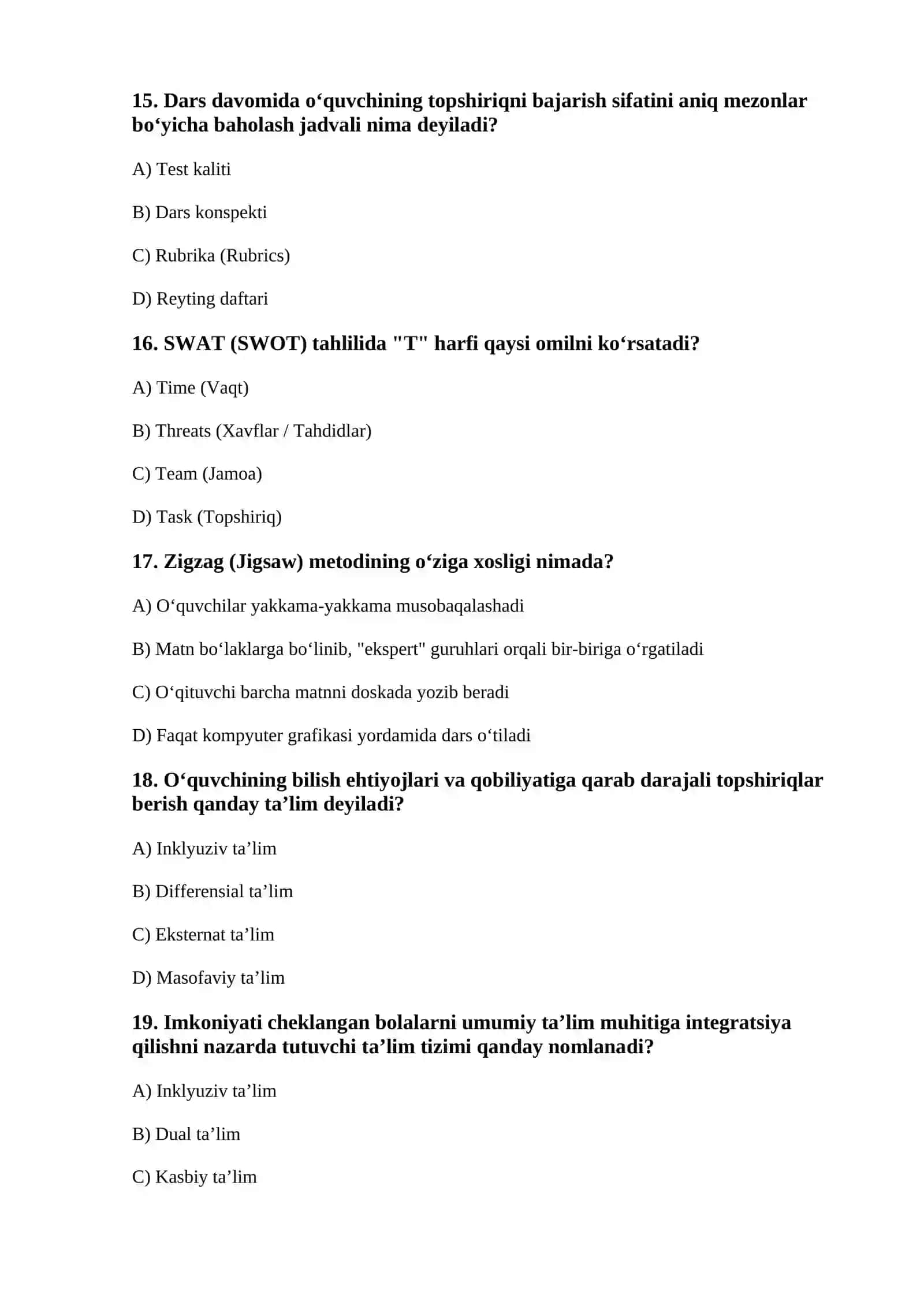 Pedagogik Mahorat va Zamonaviy Taʼlim Texnologiyalari Boʻyicha Test 40 talik.oxirida javoblar kaliti bilan 4