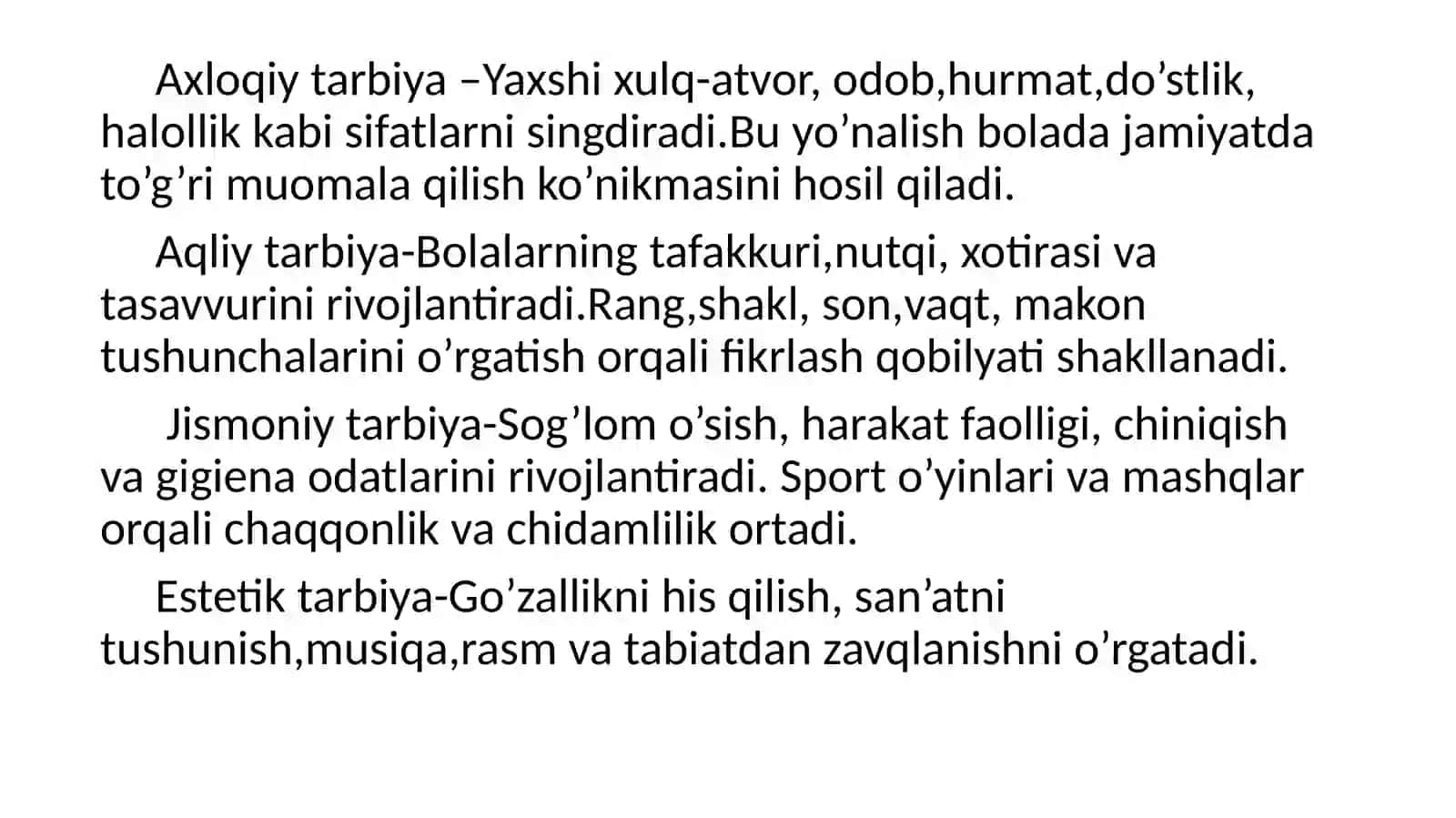 Tarbiya jarayonining mohiyati va mazmuni. Tarbiya qonuniyatlari va tamoyillari. Tarbiyaning umumiy metodlari. Ta’lim muassasasi menejmenti. Korreksion pedagogika asoslari. Inklyuziv ta’lim 4