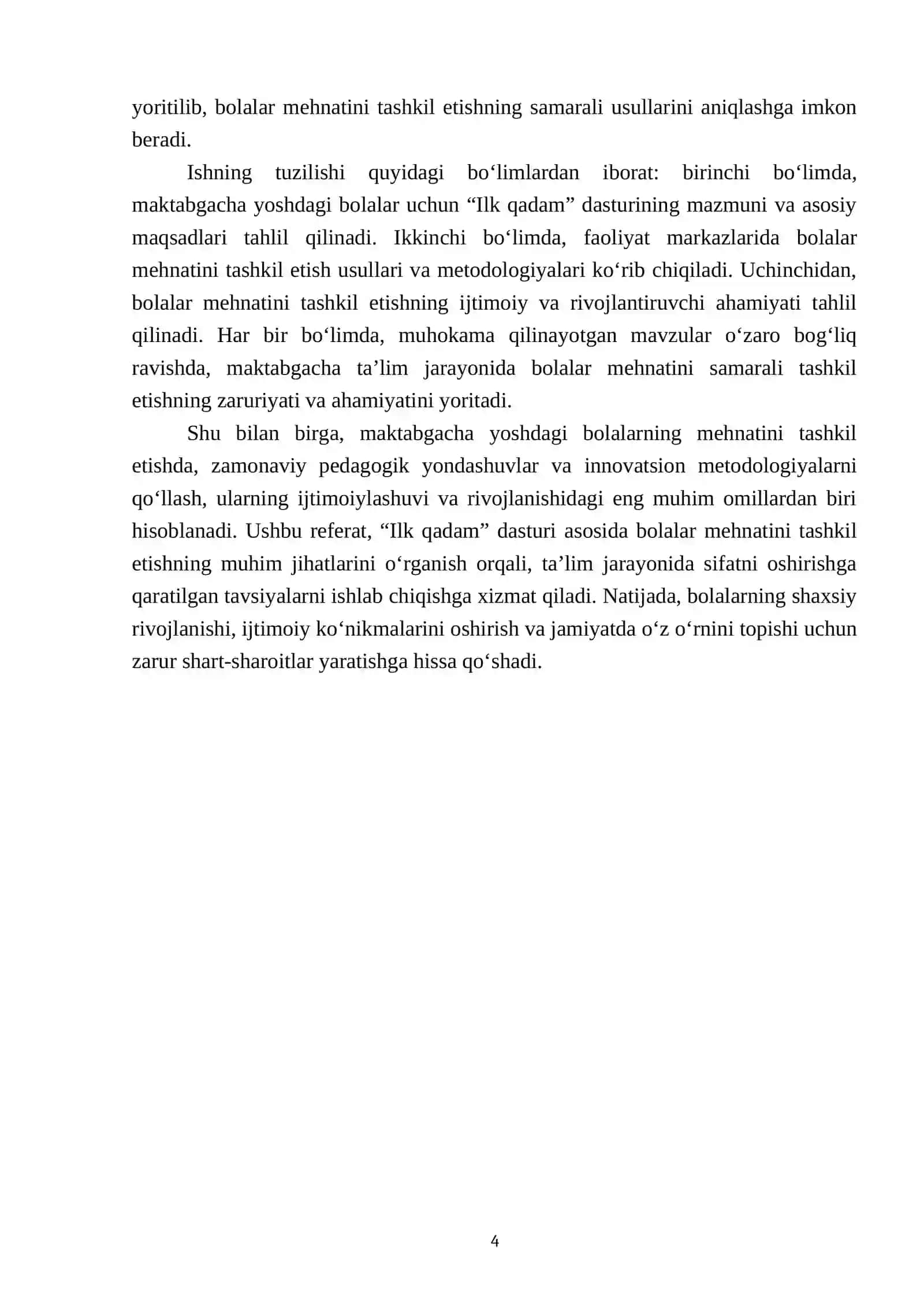 Ilk qadam" davlat o‘quv dasturi asasida faoliyat markazlarida maktabgacha yoshdagi bolalar mehnatini tashkil qilish 4