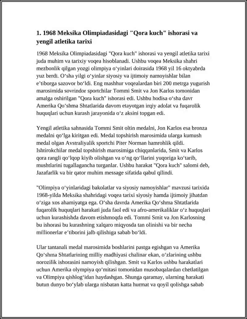 OLIMPIYA OʻYINLARIDAKI BAKOLATLAR VA SIYOSIY NAMOYISHLAR TANLANGAN SPORT TURLARINING TARIXI 4