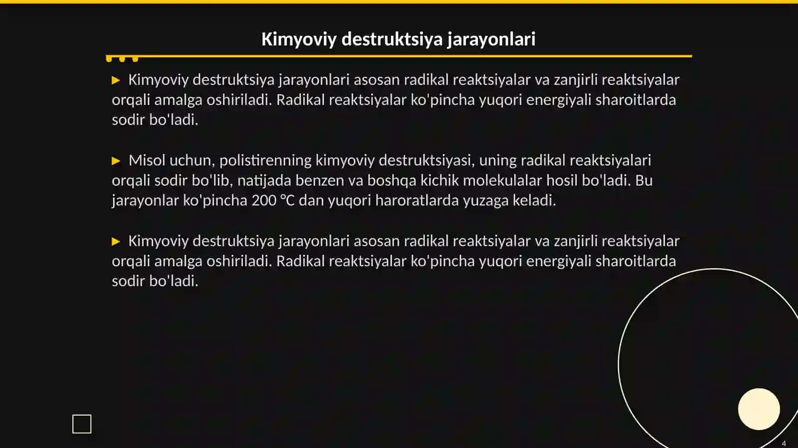 Pоlimеr mоddаlаrining dеstruktsiyasi: kimyoviy dеstruktsiya, tеrmik dеstruktsiya 4