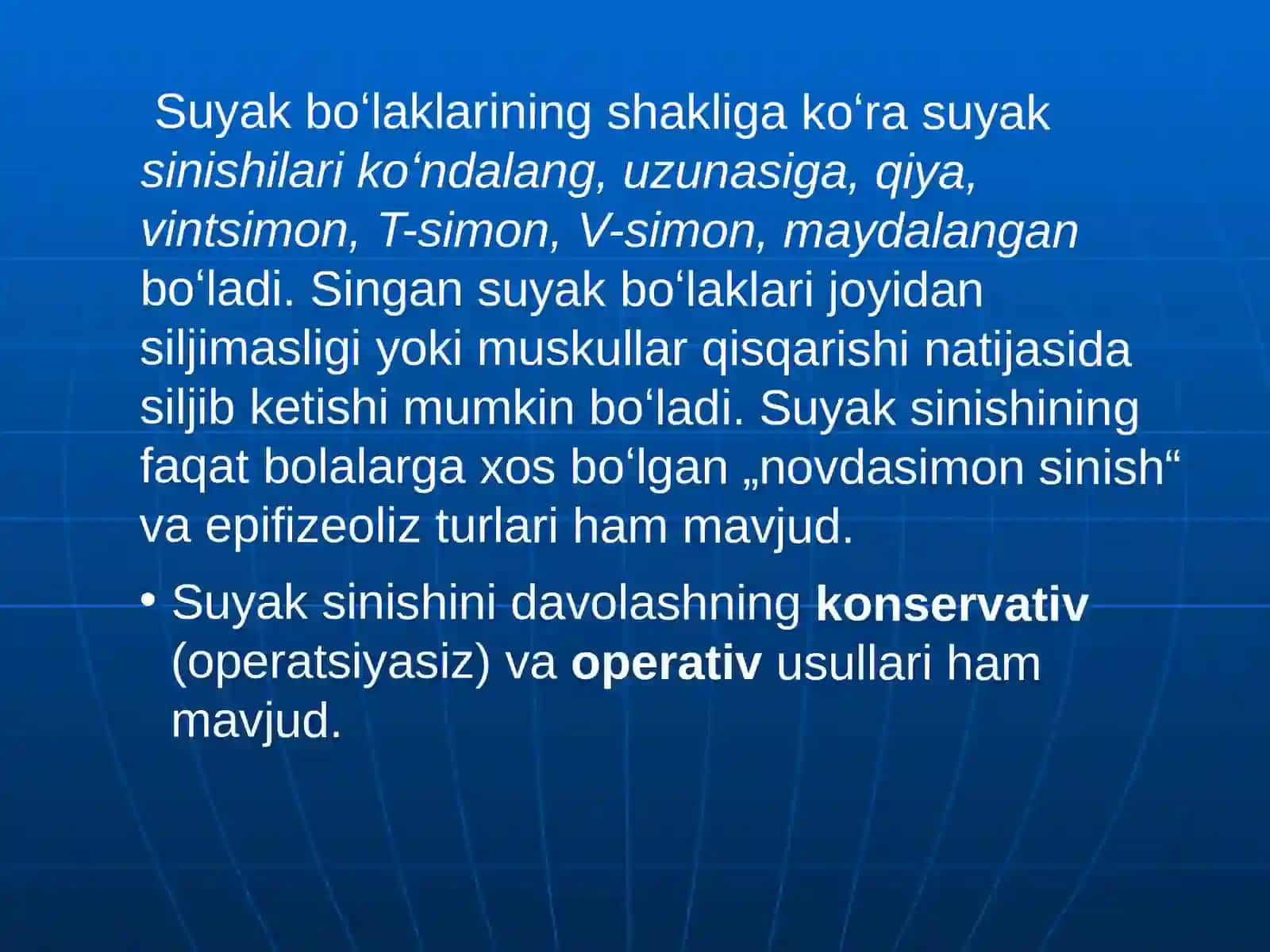 Tayanch harakat apparati ishlarining tashxislash. Birinchi tibbiy yordam. Transportli immobilizatsiya. Gipsteknikasi. Skelet va leykoplastir tanasi ortmasi 4