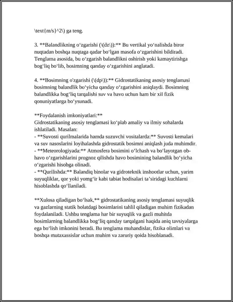 GIDRASTATIKANING ASOSIY TENGLAMASI TENGLAMANING ASOSIY NATIJASI 4