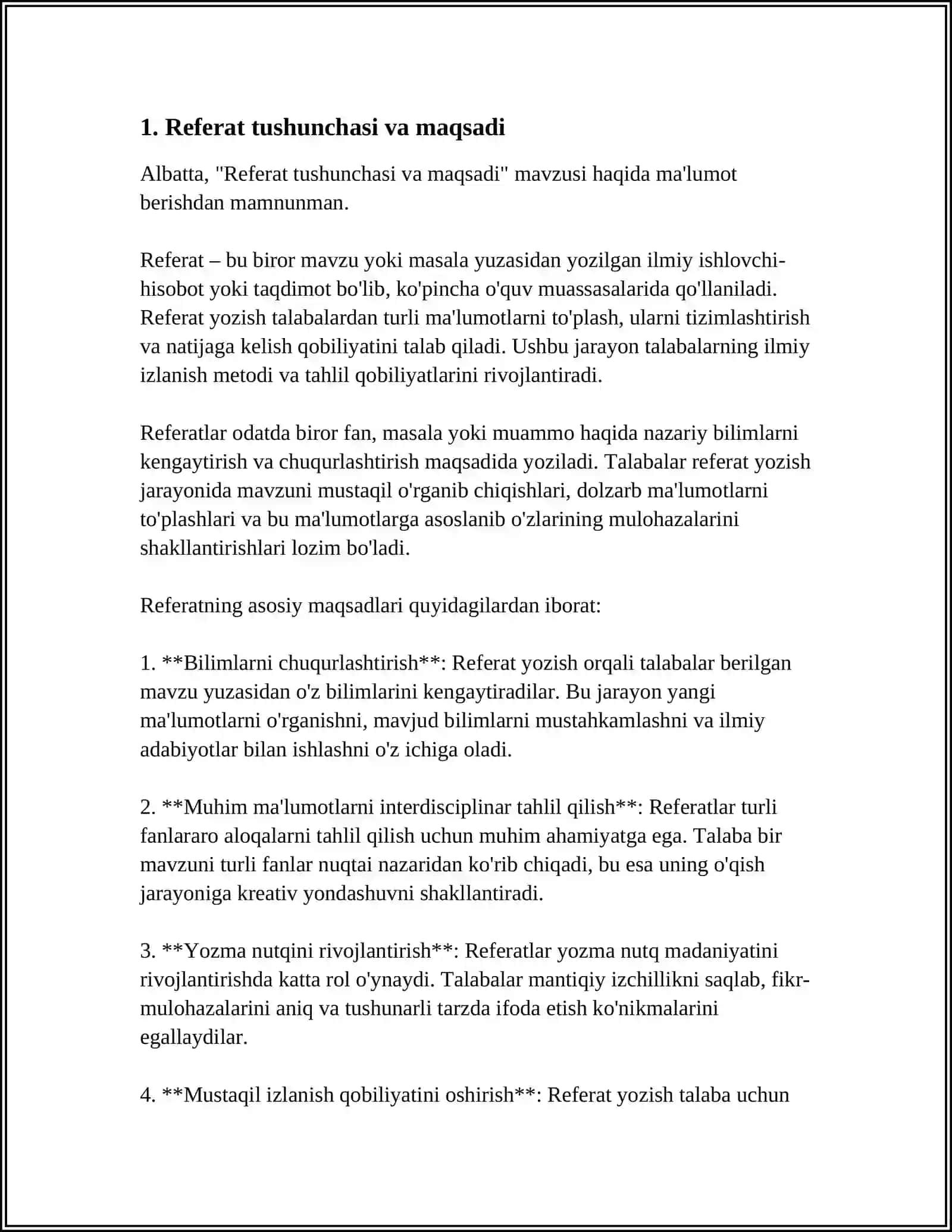 REFERAT TUSHUNCHASI VA TURLARI, TARKIBI. REFERAT YOZISHDAGI ASOSIY XATOLIKLAR. RASMIYLASHTIRISH TALABI 4