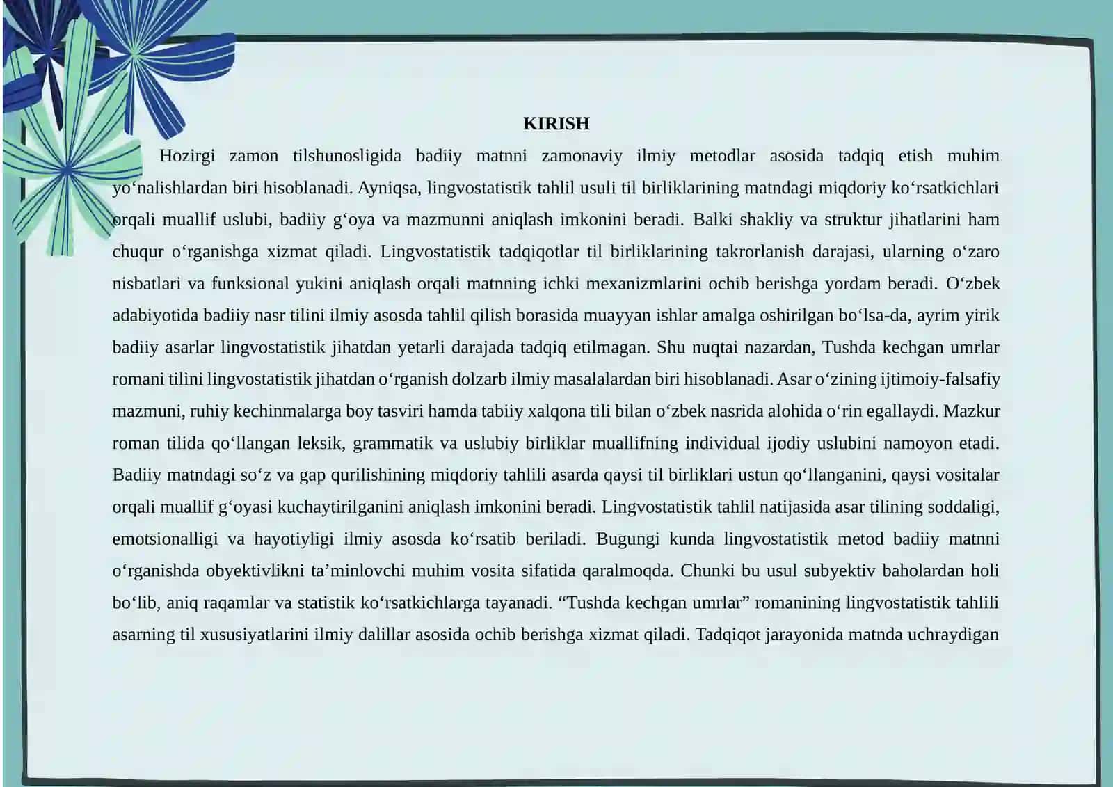 “Tushda Kechgan Umirlar” romanining (O‘tkir Hoshimov)  lingvostatistik tahlili 4