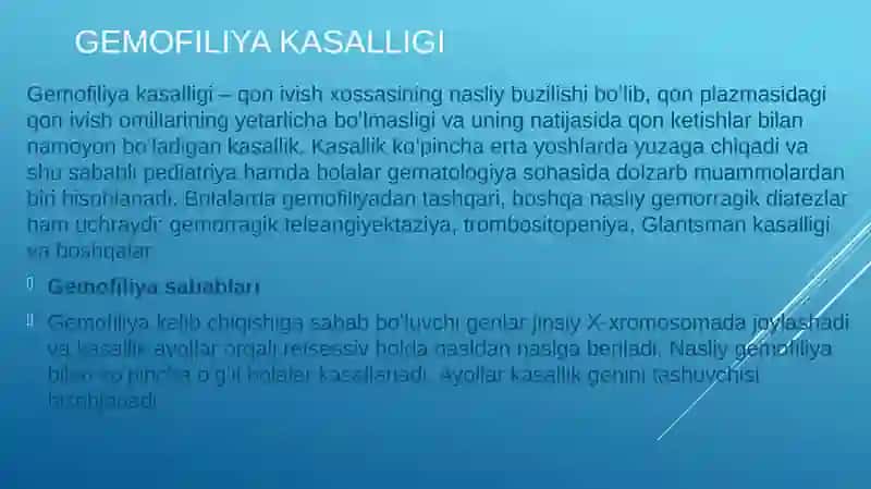 Gemofiliya kasalligi — sabablari, belgilari, turlari, tashxislash va davolash asoslari 4