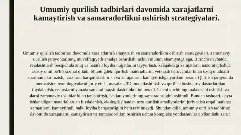 Bino va inshootlar rekonstruktsiyasi loyihaviy yechimini tejamkorlik mezoni. Umumiy qurilish tadbirlari. 4