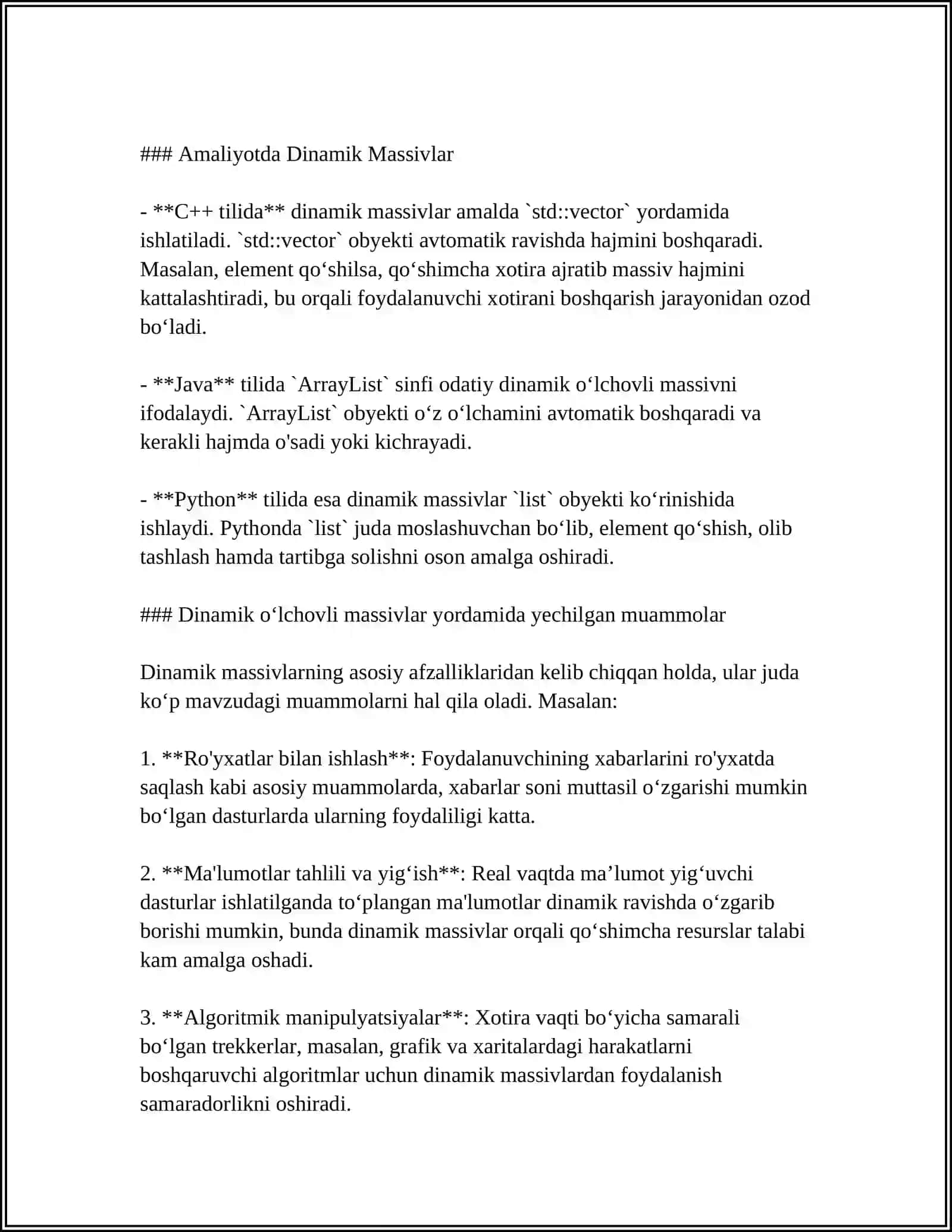 DINAMIK BIR O'LCHOVLI MASSIVLAR 4