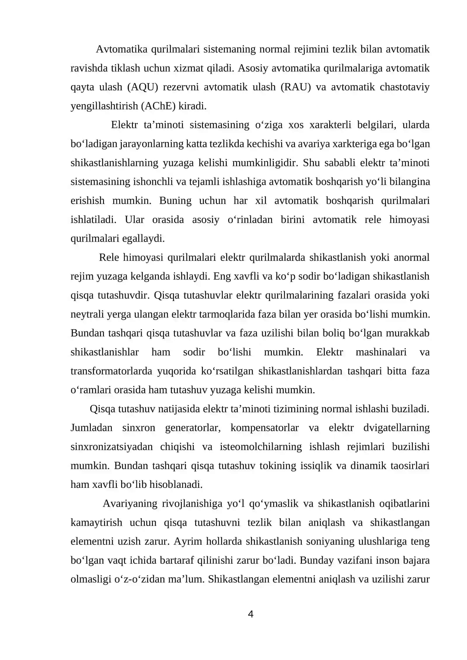 Elektr ta’minoti tarmoqlarida avtomatika va rele himoyasi fanidan kurs 4