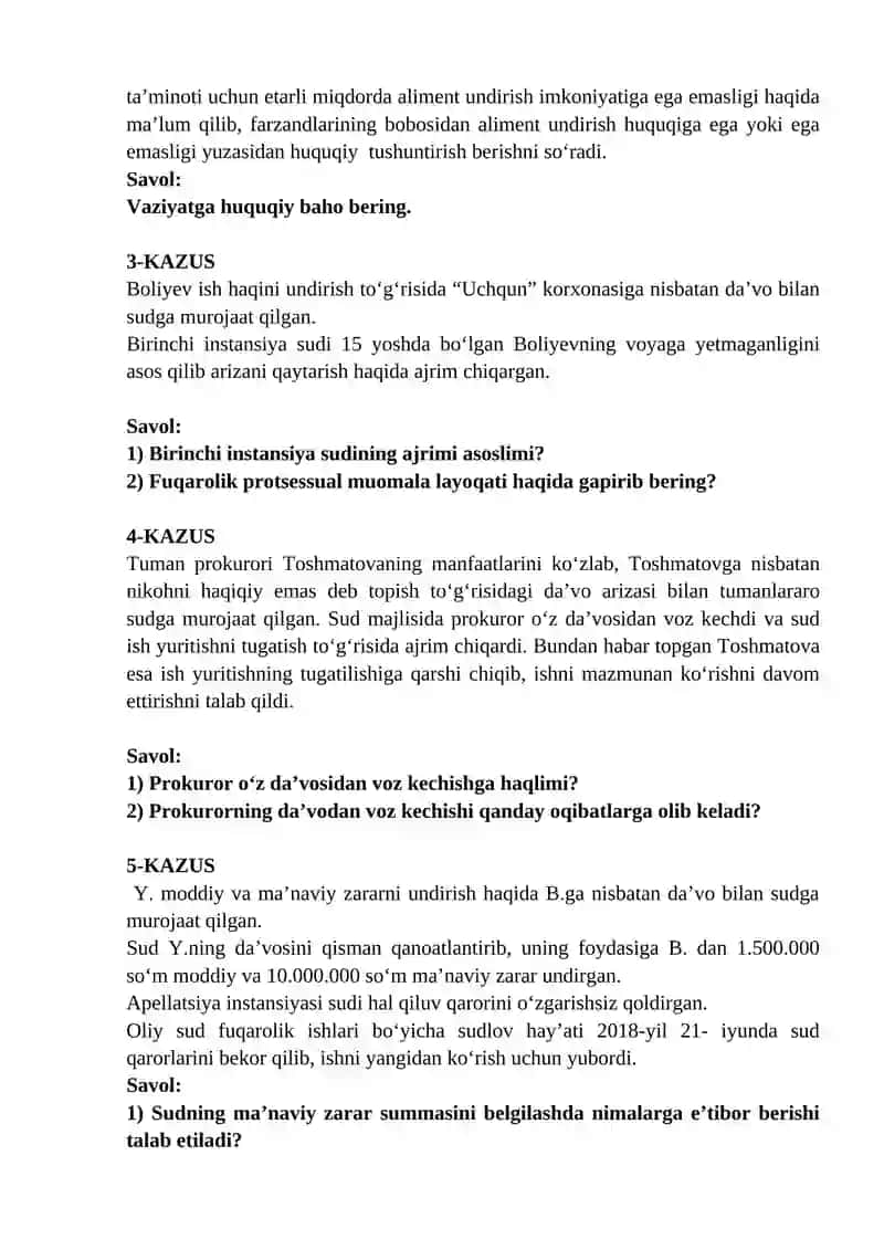 Fuqarolik protsessual huquqi nazorat savollari 4