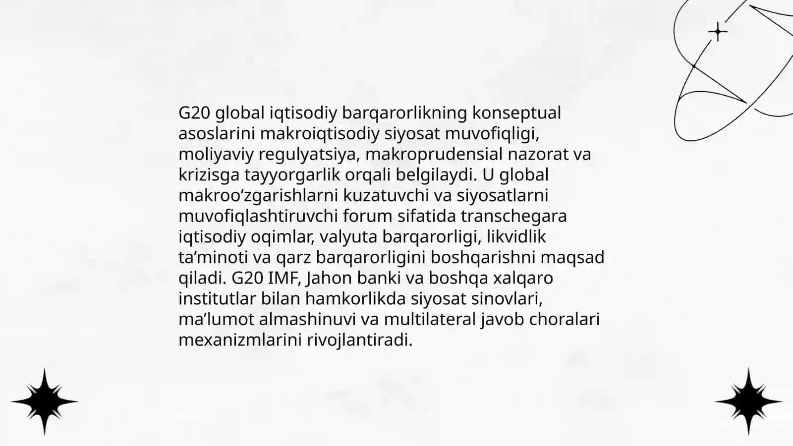 G20ning jahon iqtisodiyotidagi o‘rni va ahamiyati (global iqtisodiy barqarorlikni ta’minlashdagi roli) 4
