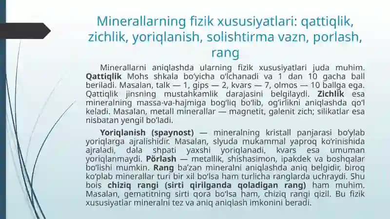 Togʻ jinslarini tashkil etuvchi minerallar va ularning fizik xususiyatlarini aniqlash 4