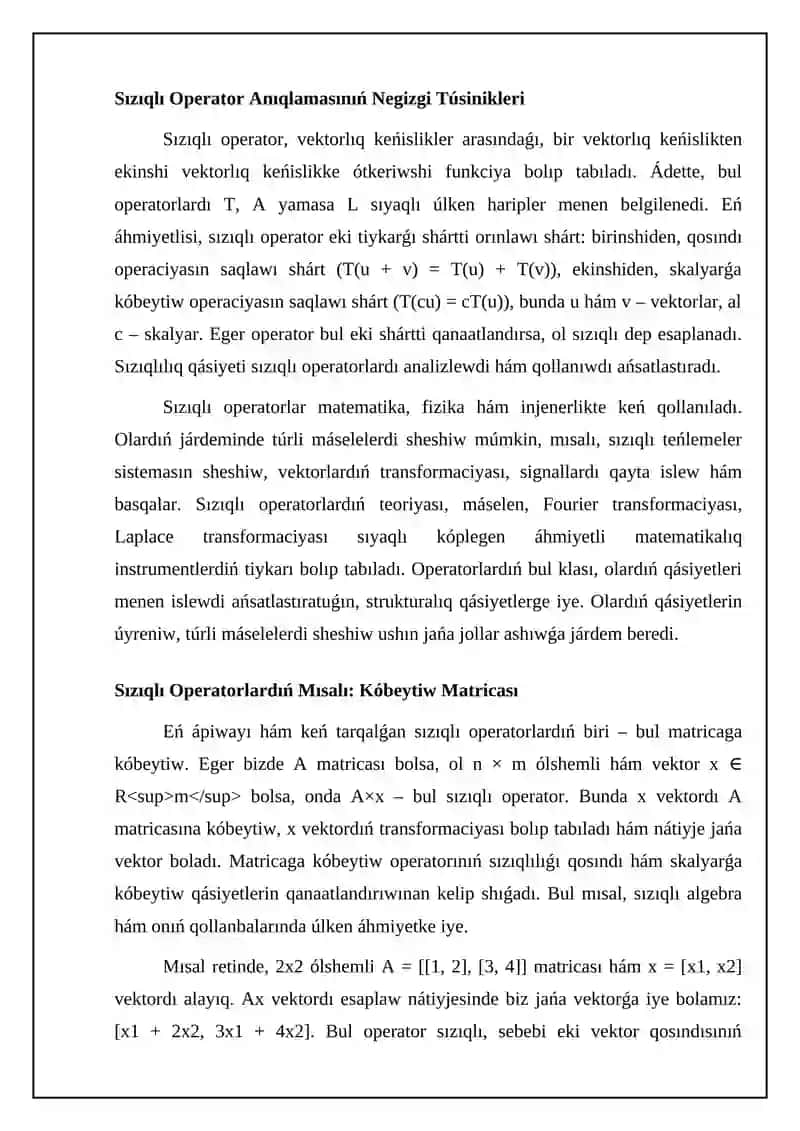Sızıqlı operatorlar hám olardiń qásiyetleri. Sızıqlı operatorları túsinigi hám mısallar 4