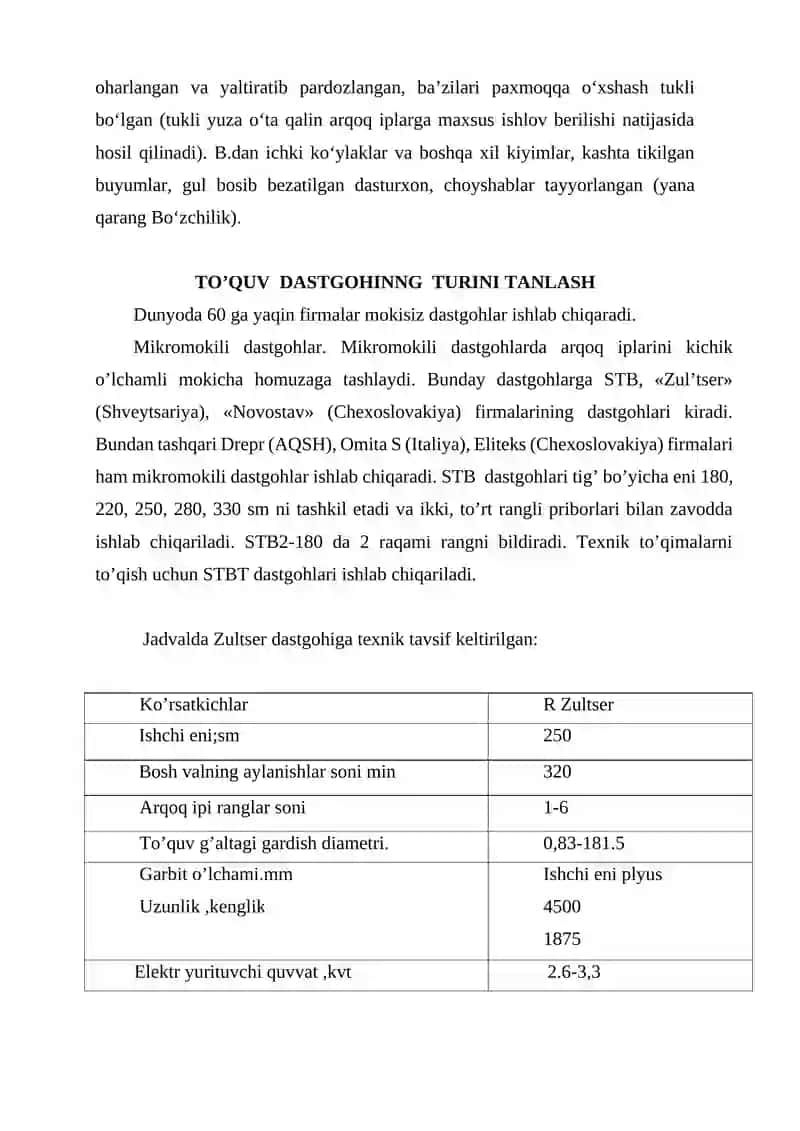 Byaz assortimentdagi to’qima ishlab chiqarish korxonasini loyihalash kurs ishi 4