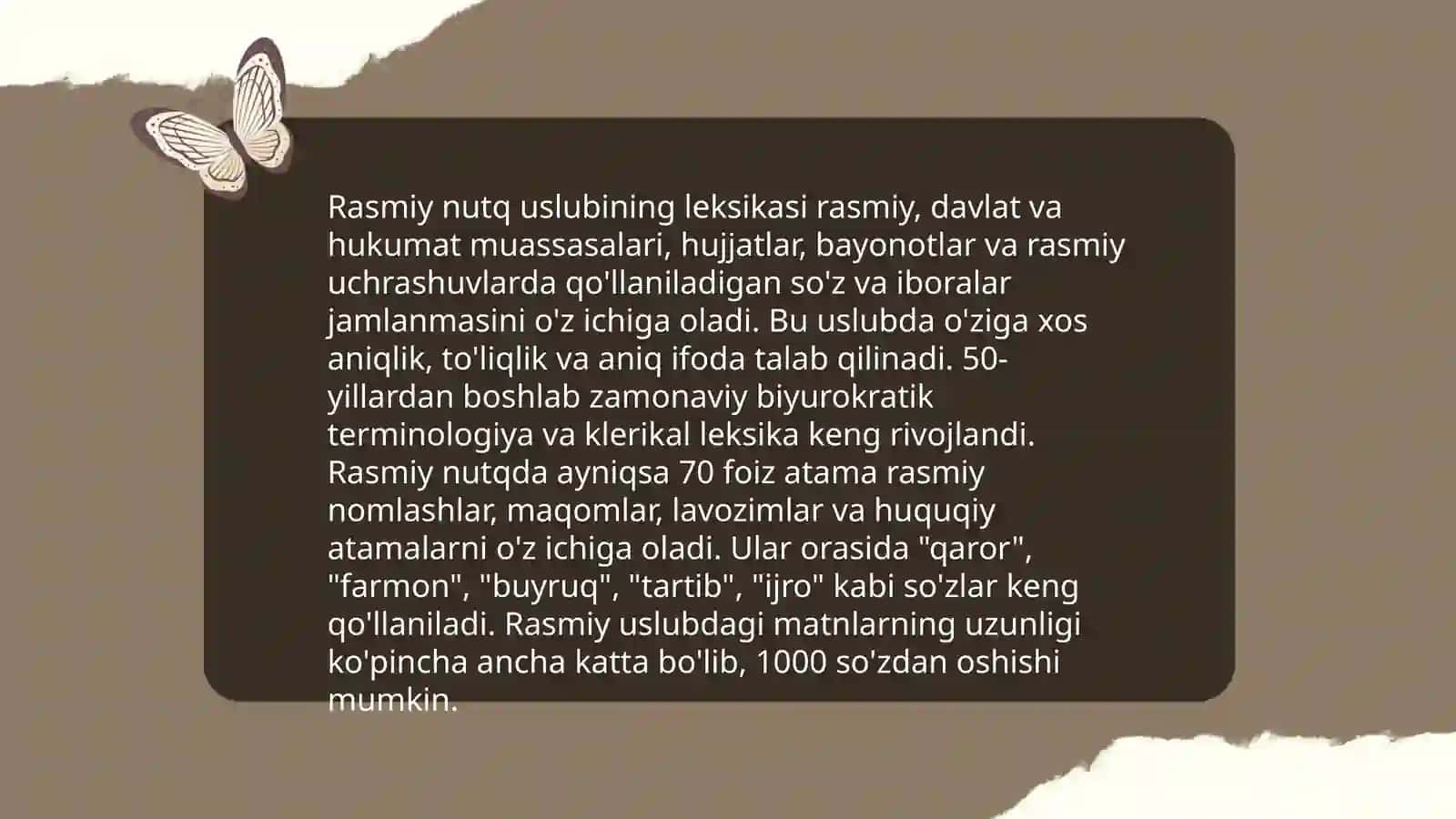 Rasmiy nutq uslubi va rasmiy ish yuritishning o'ziga xos tomonlari 4