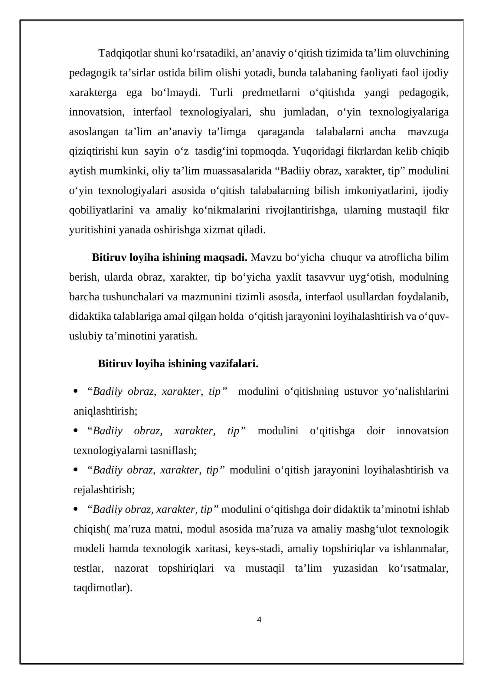 “Badiiy obraz, xarakter, tip” modulini o‘qitishda o‘yin texnologiyalaridan foydalanish” mavzusidagi Bitiruv malakaviy ishi 4