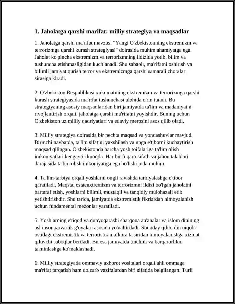 YANGI O'ZBEKISTONNING EKSTREMIZM VA TEREORIZMGA QARSHI KURASH STRATEGIYASI:"JAHOLATGA QARSHI MARIFAT".MAVZUSIDA REFARAT 10 TA LISTDAN IBORAT 4
