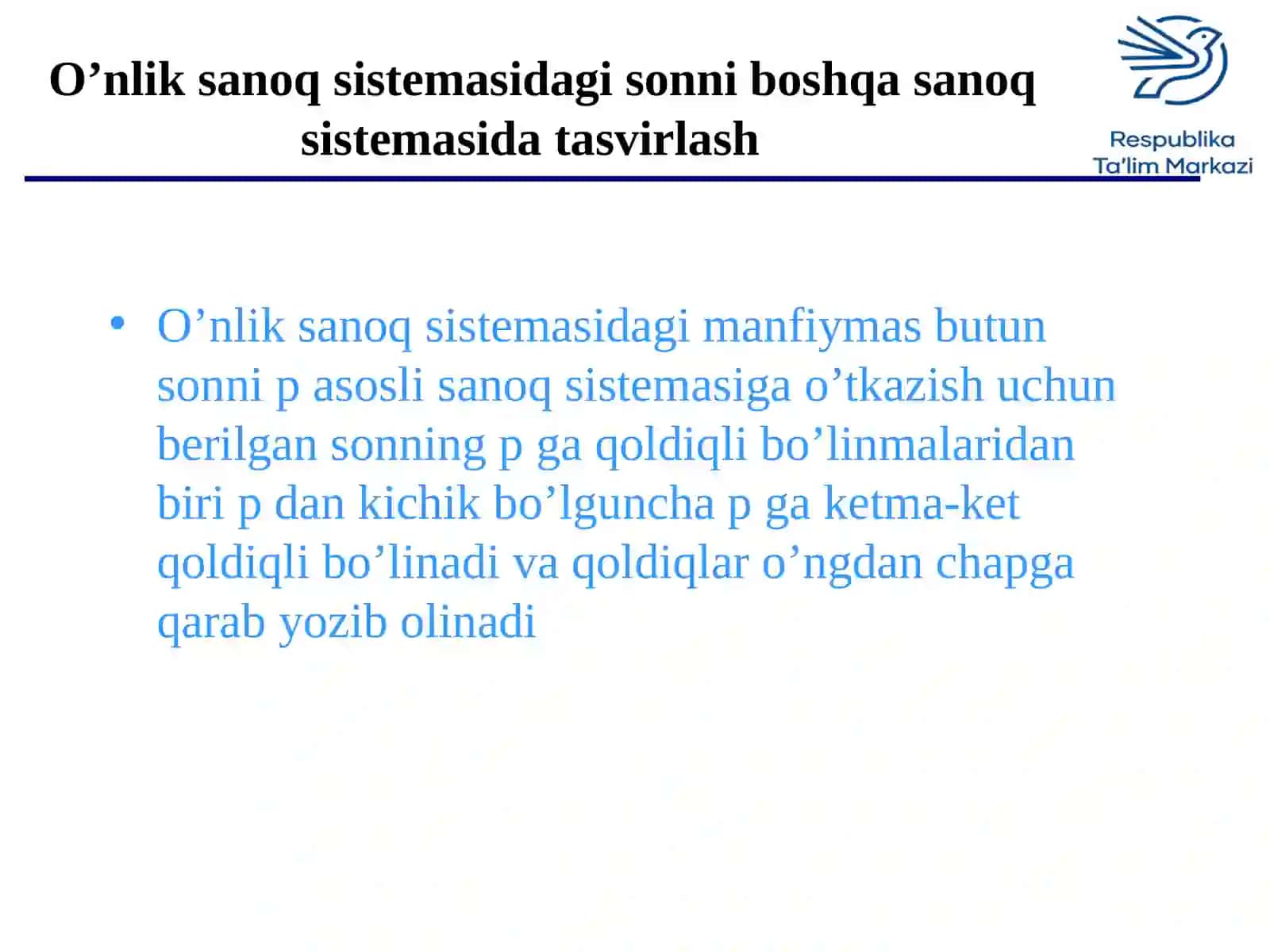 Bir sanoq sistemasidagi sonlarni boshqa sanoq sistemasiga o’tkazish 4