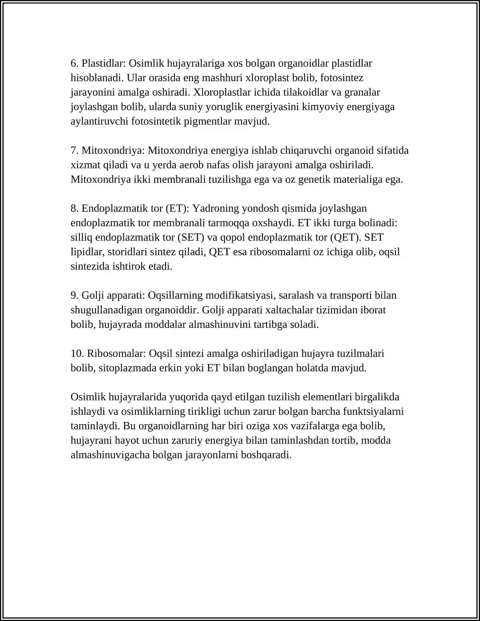 OʻSIMLIK HUJAYRASINING TUZILISHI, ORGANOIDLARINING VAZIFALARI 4