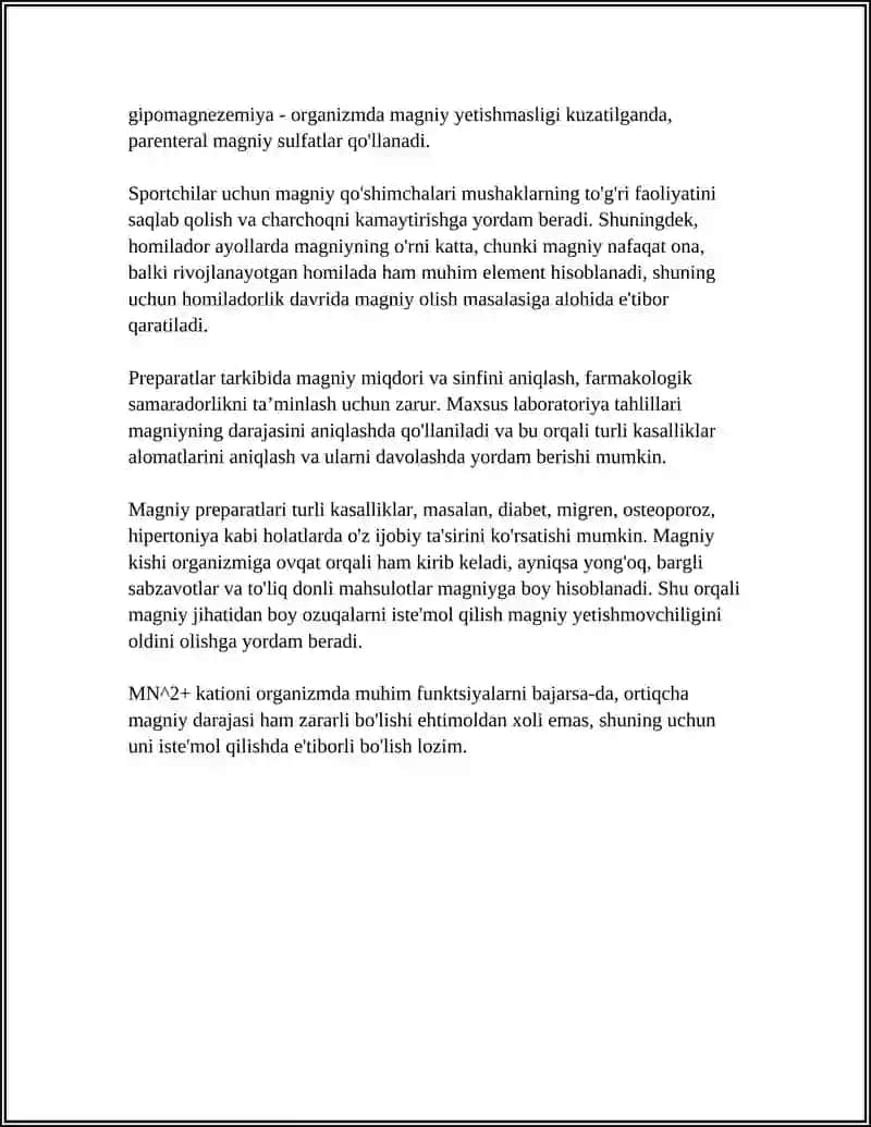 MN+2 KATIONING ORGANIZMDA AHAMYATI TIBBIYOTDA QULANISHI VA DORI VOSITALARING TARKIBIDA SINF HAMMDA MIQDORI ANIQLASH 4