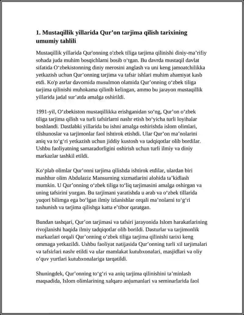 MUSTAQILLIK YILLARIDA QUR’ONNING O’ZBEK TILIGA TARJIMA QILINISHI VA TAFSIRLARI HAQIDA MUSTAQIL ISH TAYYORLASH 4