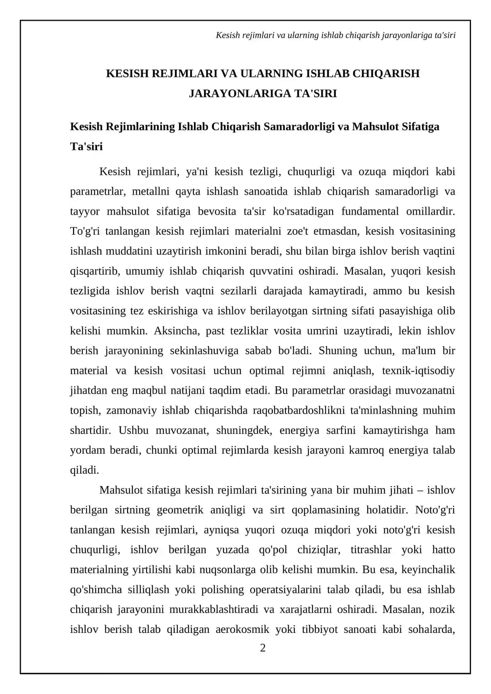 Kesish rejimlarining ishlab Chiqarishdagi O'rni va ahamiyati 4