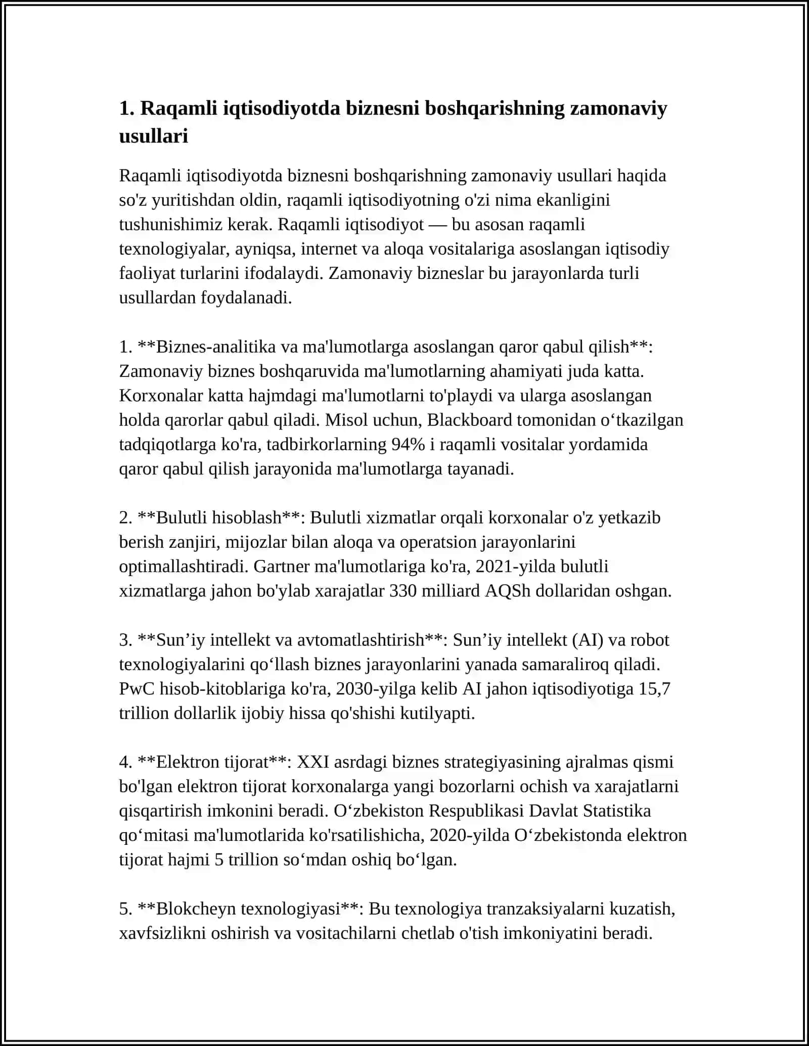 RAQAMLI IQTISODIYOTDA BIZNESNI BOSHQARISHNING XUSUSIYATLARI.MOBIL TEXNOLOGIYALAR.NEYROTEXNOLOGIYALAR VA SUN 'IY INTELLEKT.BIZNESDA FIKRLASH DIZAYNI.VIRTUAL VA TÓLDIRILGAN REALLIK TEXNOLOGIYALARI 4