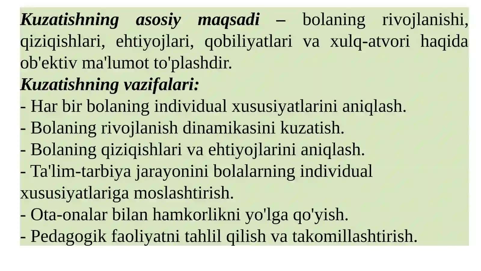 Kuzatish va uning turlari. Turliguruhlardakuzatishlarni tashkiletish va rahbarlik qilish. Yil fasllariga umumiy tavsifnoma 4
