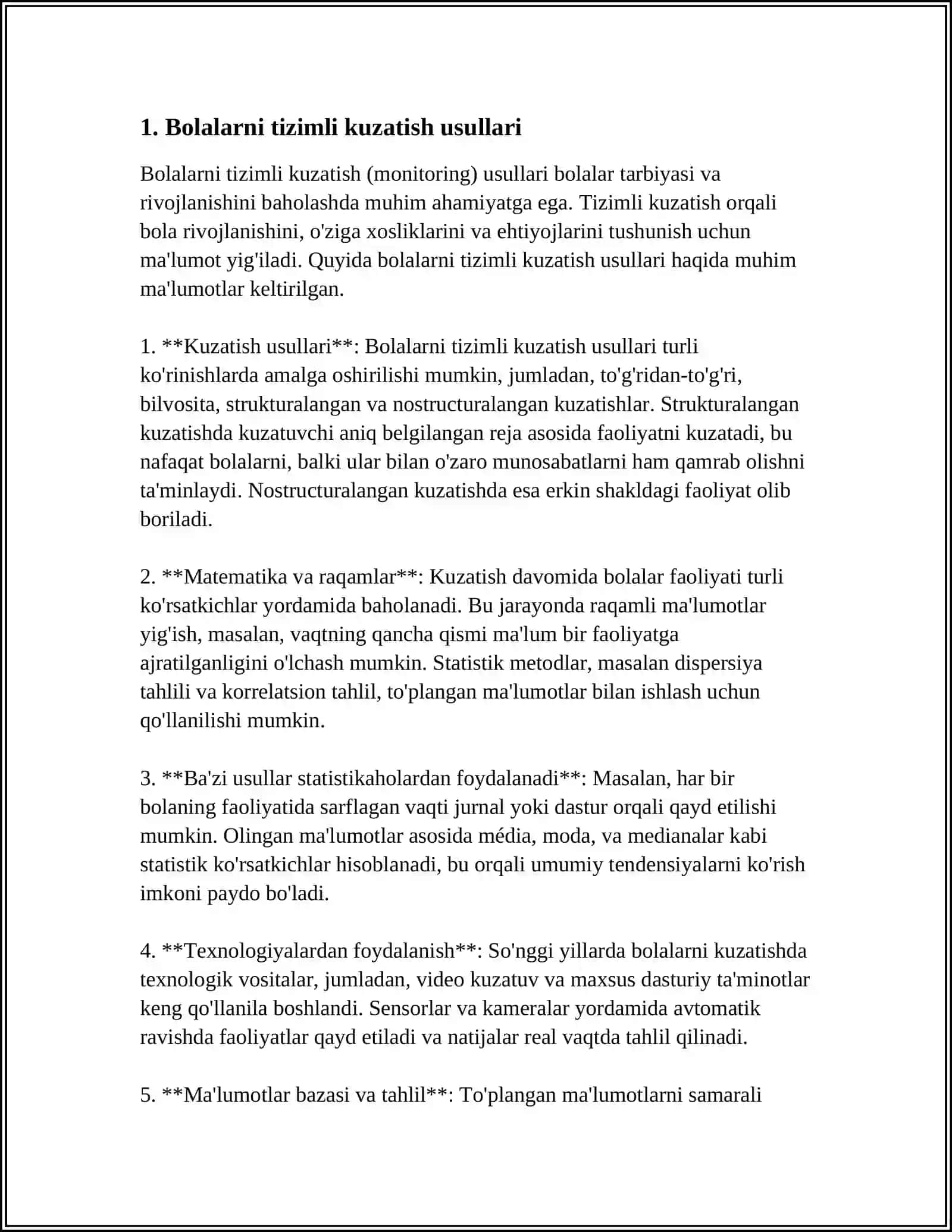 BOLALARNI TIZIMLI RAVISHDA KUZATISH NATIJALARNI TAHLIL QILISH VA OLINGAN HULOSALAR ASOSIDA BOLALARNING TA'LIM FAOLIYATINI ULARNING EHTIYOJLARI QIZIQIWLARIGA MUVOFIQ RAVISHDA SAMARALI REJALASHTIRISH 4
