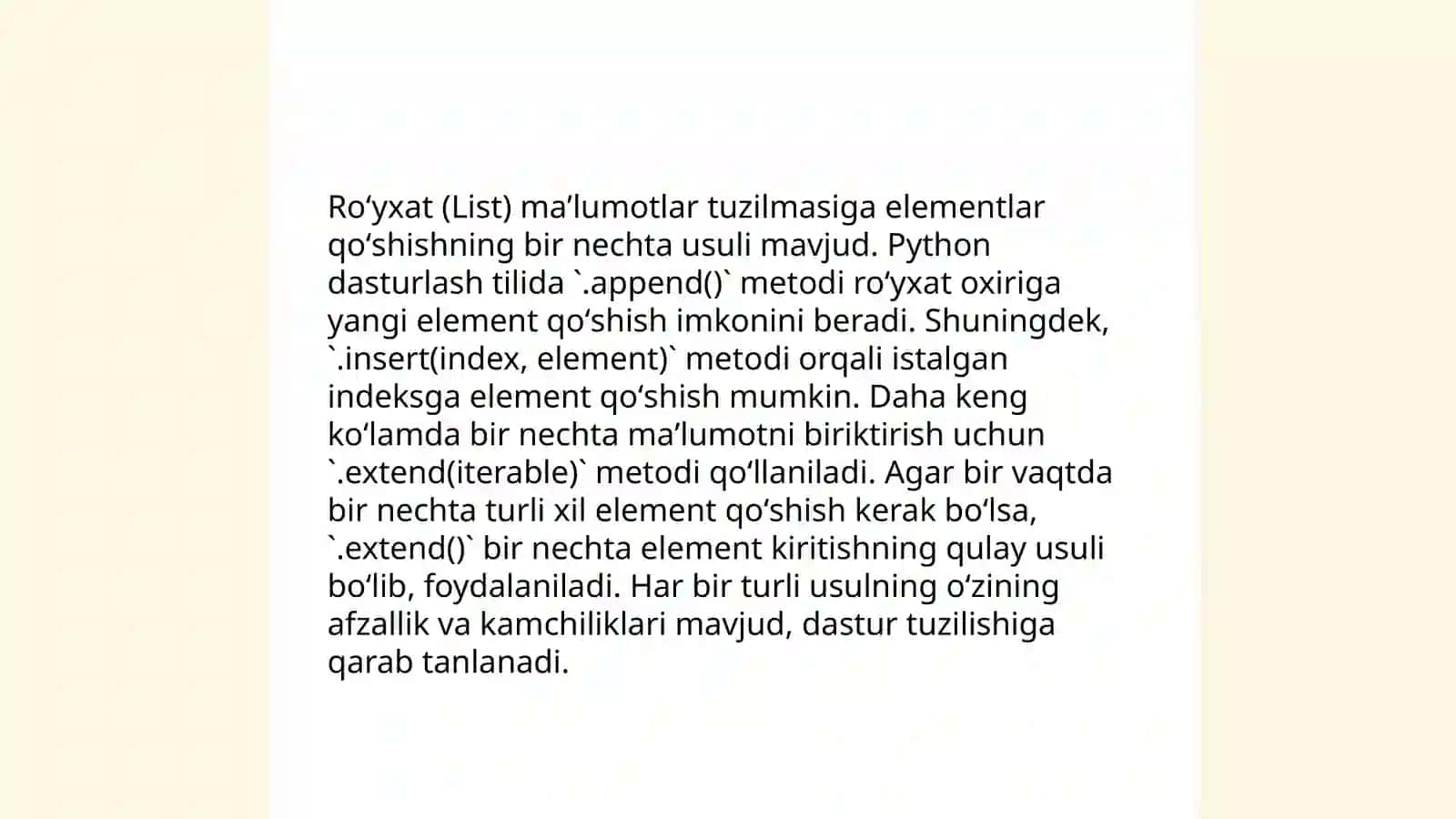 List maʼlumotlar tuzilmasi va metodlari bilan ishlash 4