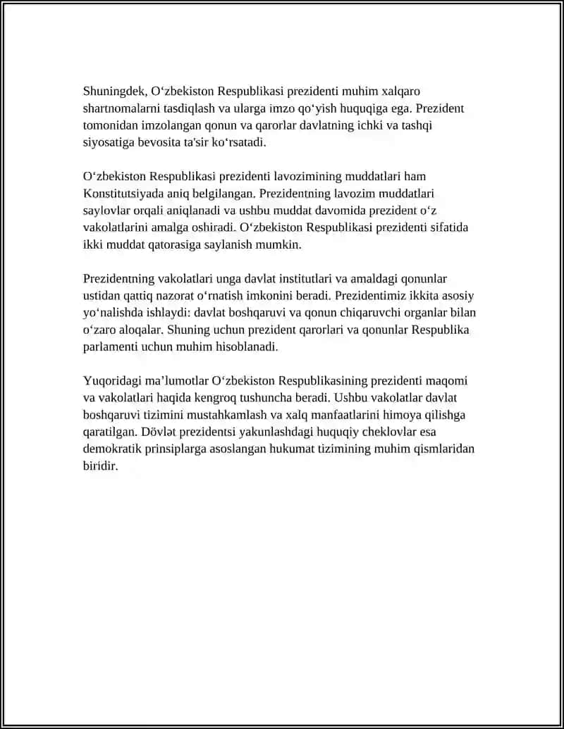 O'ZBEKISTON RESPUBLIKASI PREZIDENTINING KONSITUTSIYAVIY-HUQUQIY MAQOMI 4