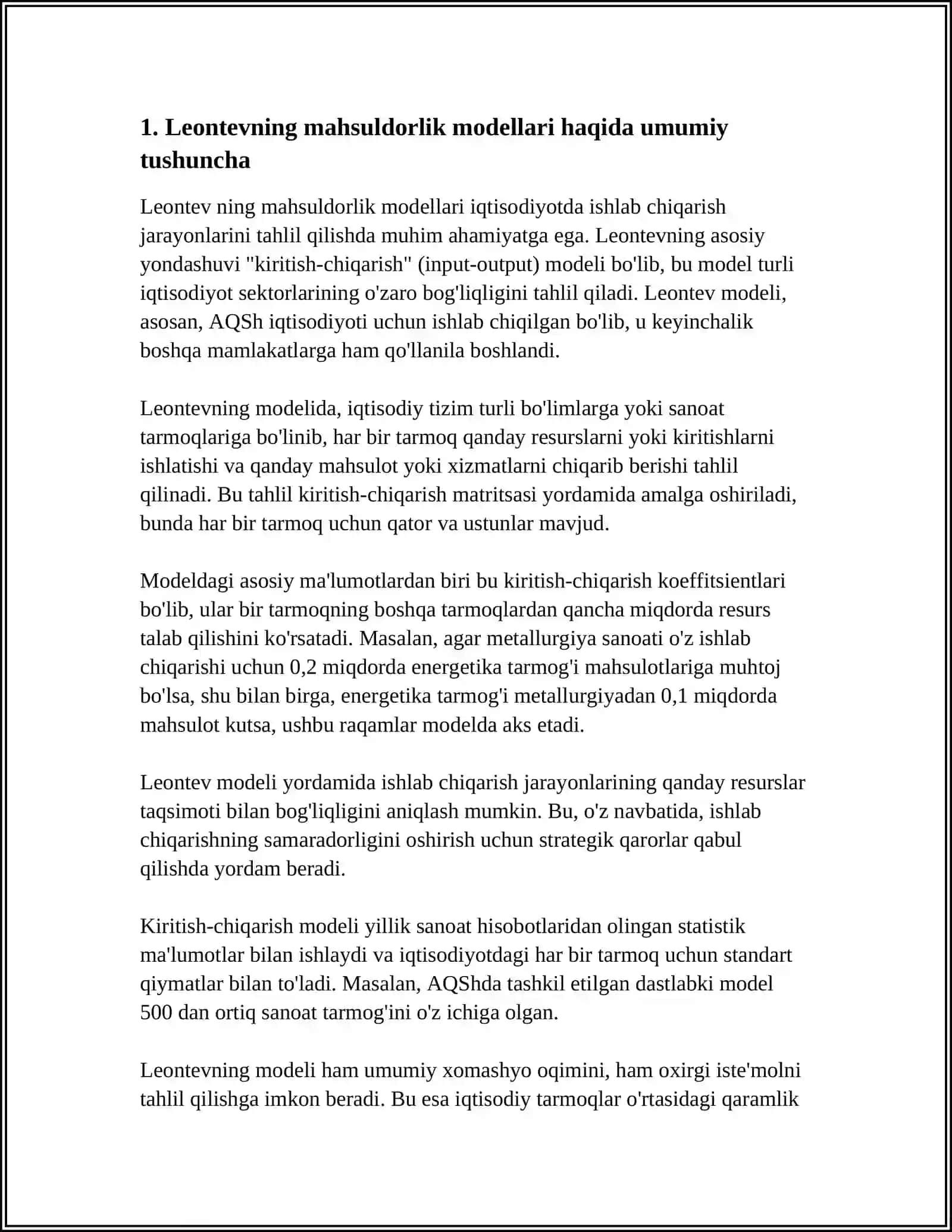 LEONTEVNING MAHSULDOR MODELI. XALQARO SAVDO MODELI BOZOR IQTISODIYOTI JARAYONLARINI MODELLASHTIRISH 4
