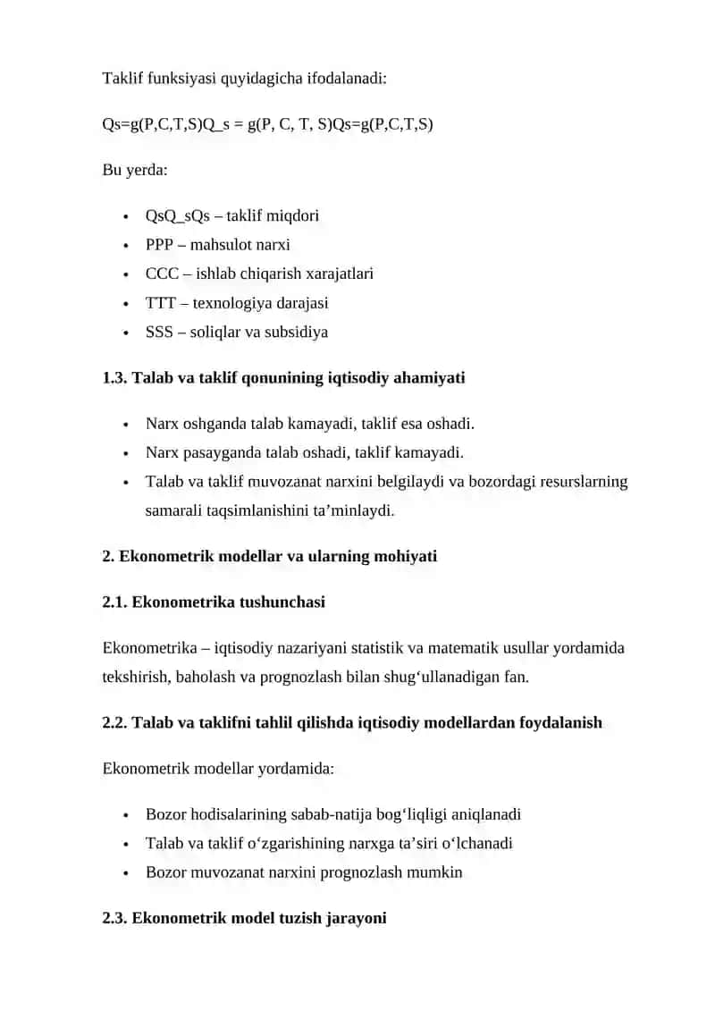 Mahsulotga bo‘lgan talab va taklifning ekonometrik modellarini tuzish 4