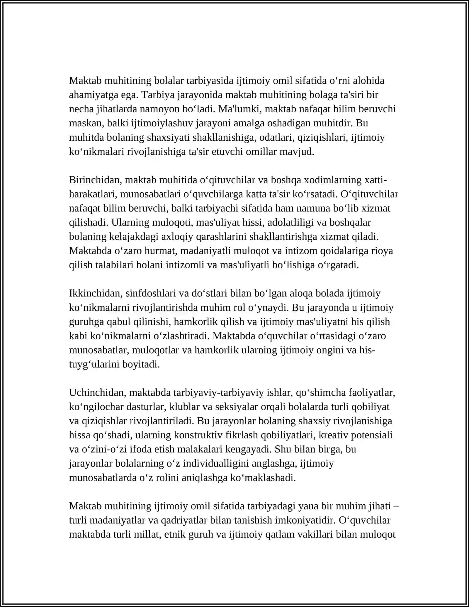 IJTIMOIY MUHIT BOLANI TARBIYALASHNING OMILI SIFATIDA 2025-2026 DARS YILI 4