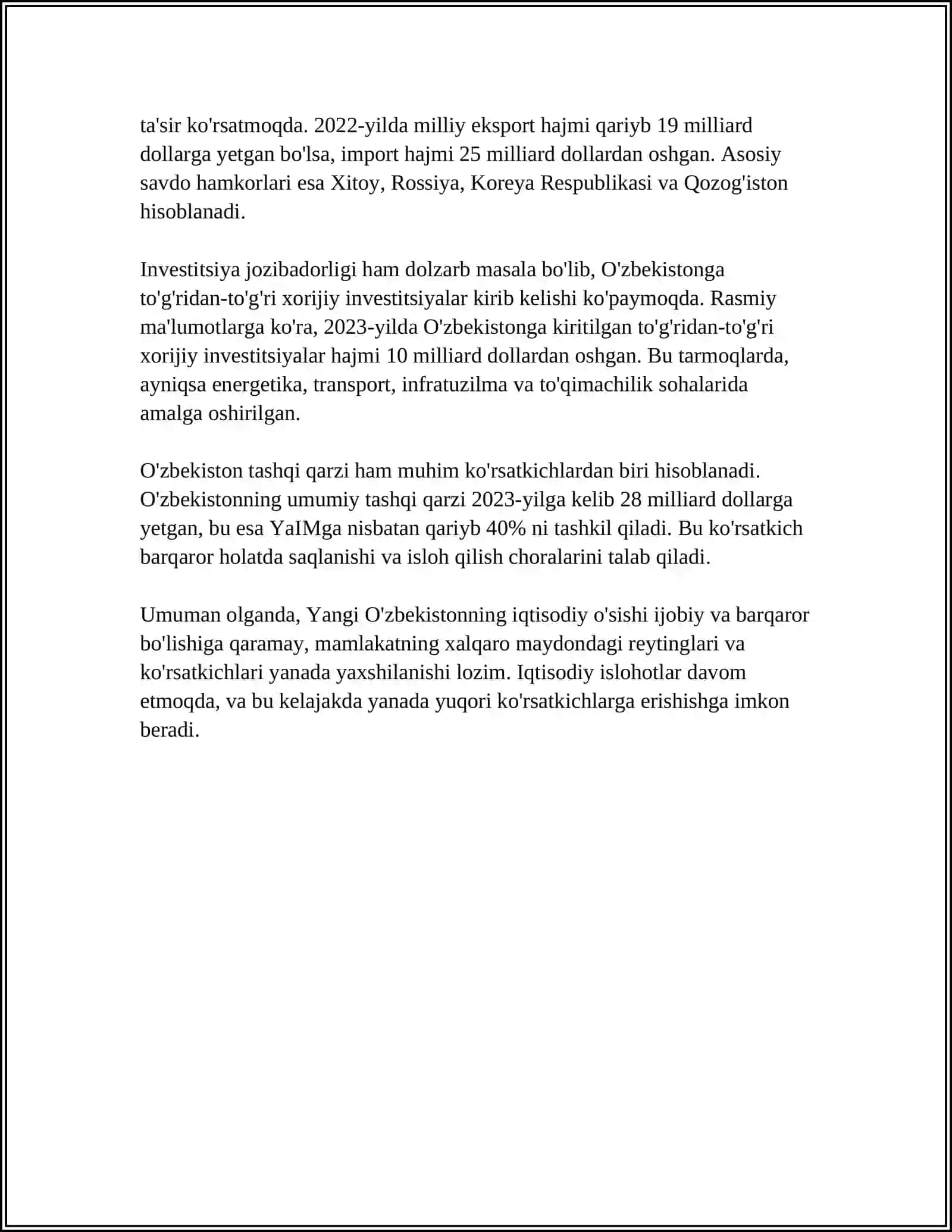 YANGI O'ZBEKISTON IJTIMOIY SIYOSIY IQTISODIY VA MADANIY HAYOTIDA RO'Y BERAYOTGAN O'ZGARISHLARNING XALQARO REYTING VA INDEKSLARDA AKS ETISHI 4