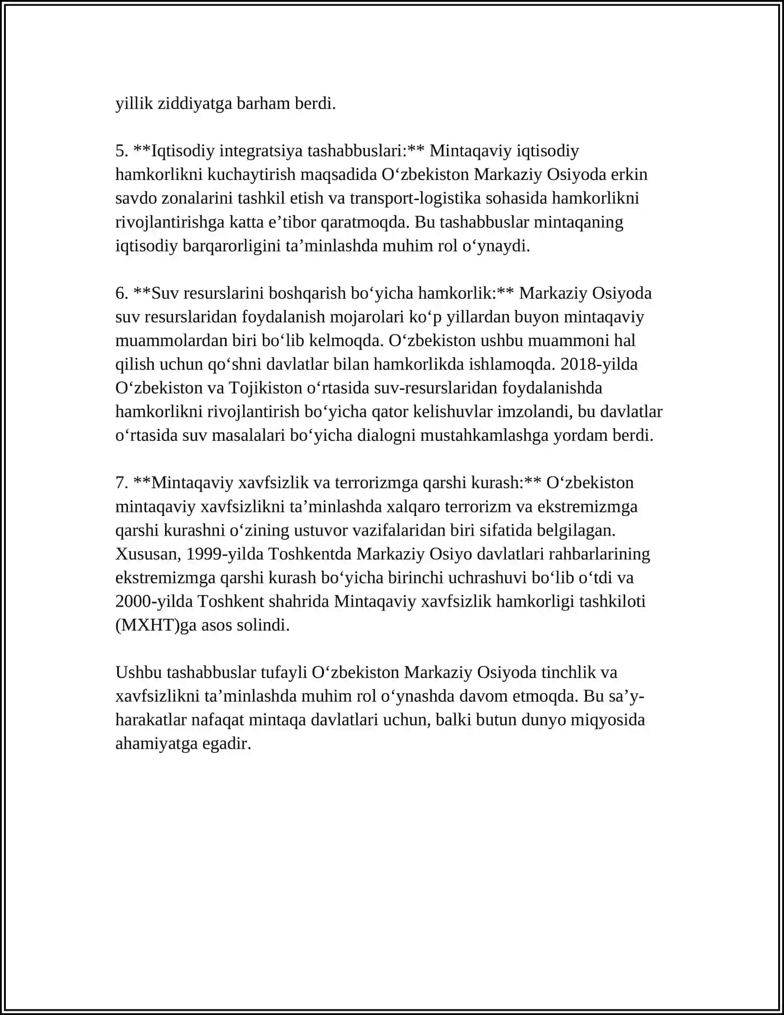 O'zbekistonning Markaziy Osiyoda Tinchlik va Barqarorlikni Ta'minlashdagi O'rni 4