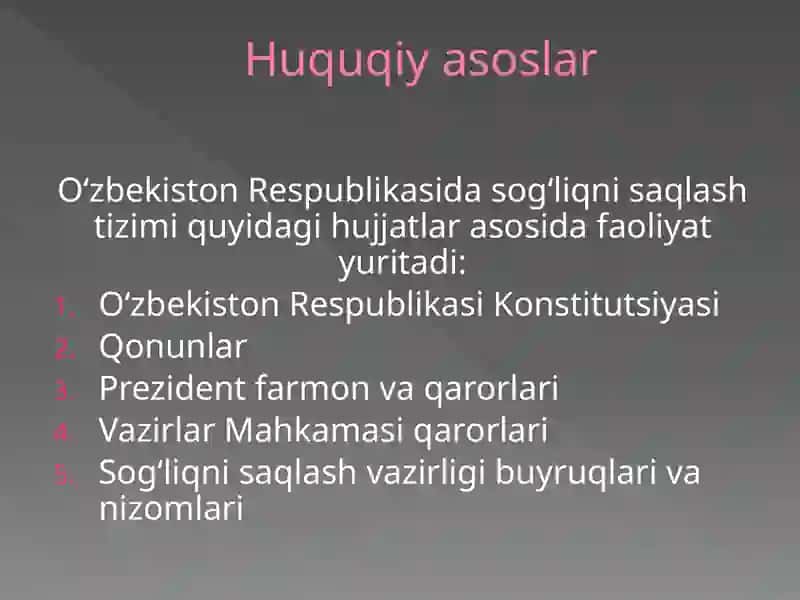 O‘zbekiston Respublikasi sog‘liqni saqlash tizimidagi asosiy qonun va me’yoriy hujjatlar 4