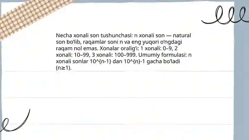 Raqamlar xossalari. Necha xonali son? Yig'indini qulay usulda hisoblash. Sonning raqamlari yig'indisi 4