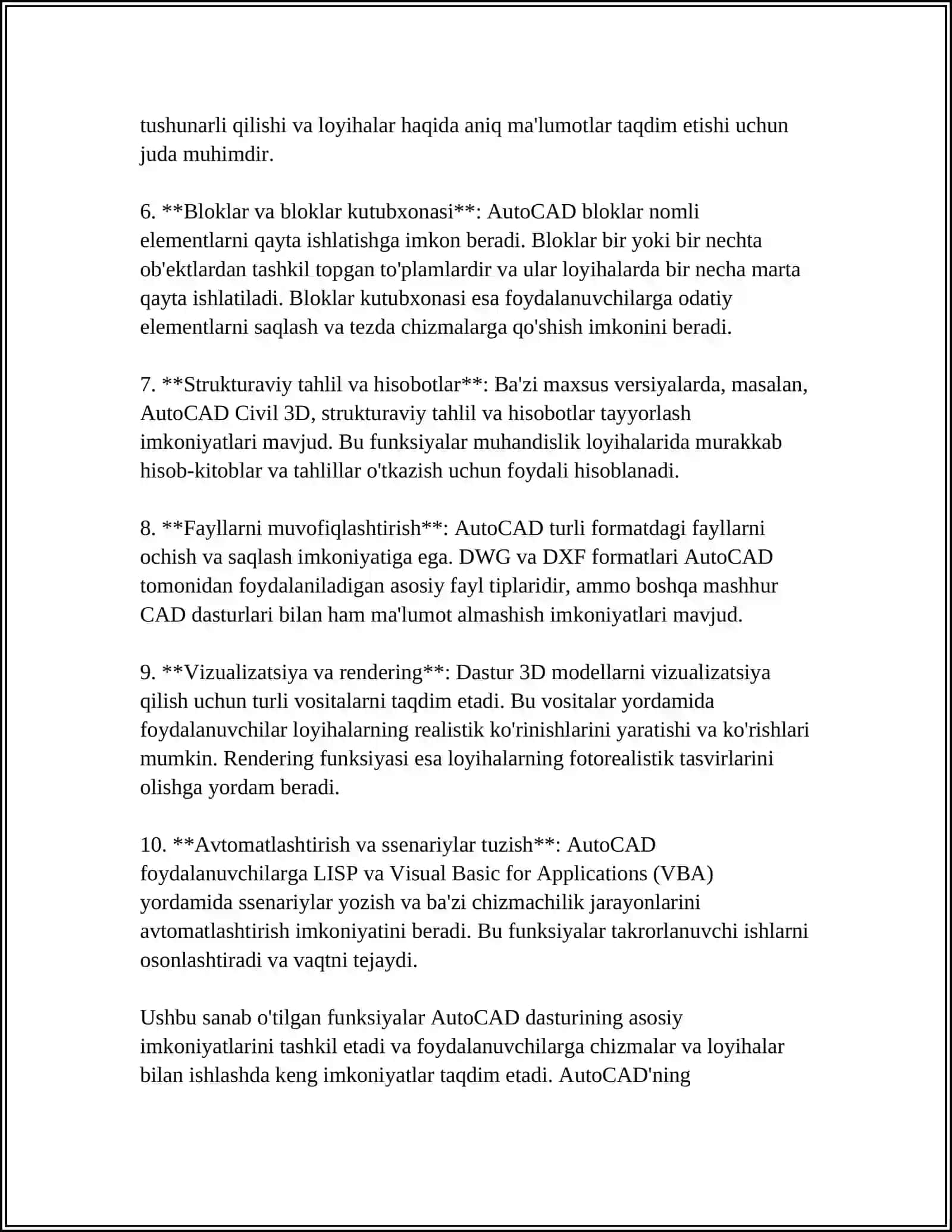GRAFIK AXBOROTNI KIRITISH, TAHRIRLASH VA CHIQARISHNING DASTURIY VOSITALARI: AVTOCAD DASTURI BILAN ISHLASH 4