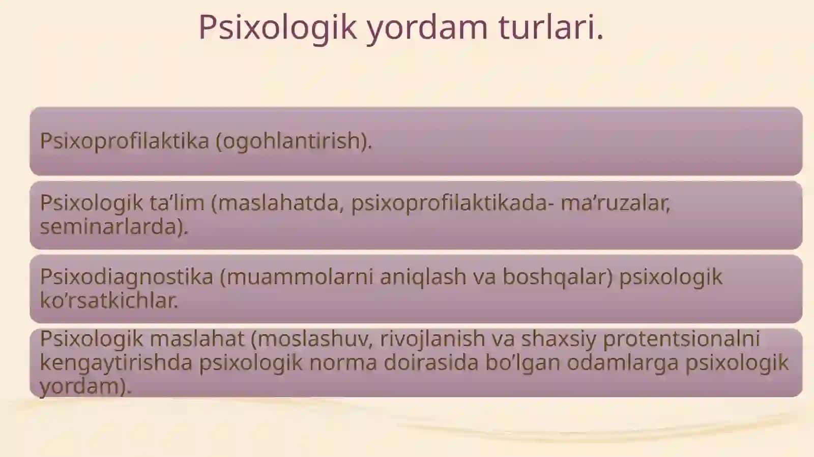 Pedagogik psixologik yordam koʻrsatish. MTT da psixologik hizmat mazmuni. 4