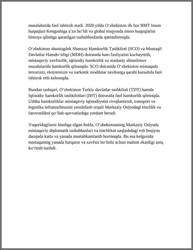 Oʻzbekistonni Markaziy Osiyoda Tinchlikni va Barqarorlikni Taʼminlashdagi Oʻrni 4
