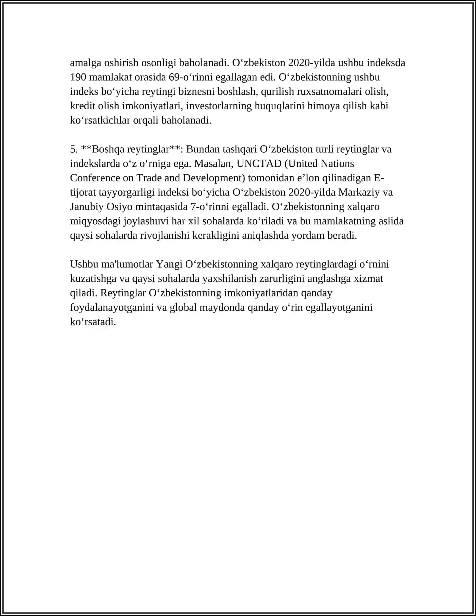 YANGI O‘ZBEKISTON IJTIMOIY-SIYOSIY, IQTISODIY VA MADANIY HAYOTIDA ROʻY BERAYOTGAN OʻZGARISHLARNING XALQARO REYTING VA INDEKSLARDA AKS ETISHI MAVZUSIDA MA'LUMOTLAR BAZASINI SHAKLLANTIRING 4
