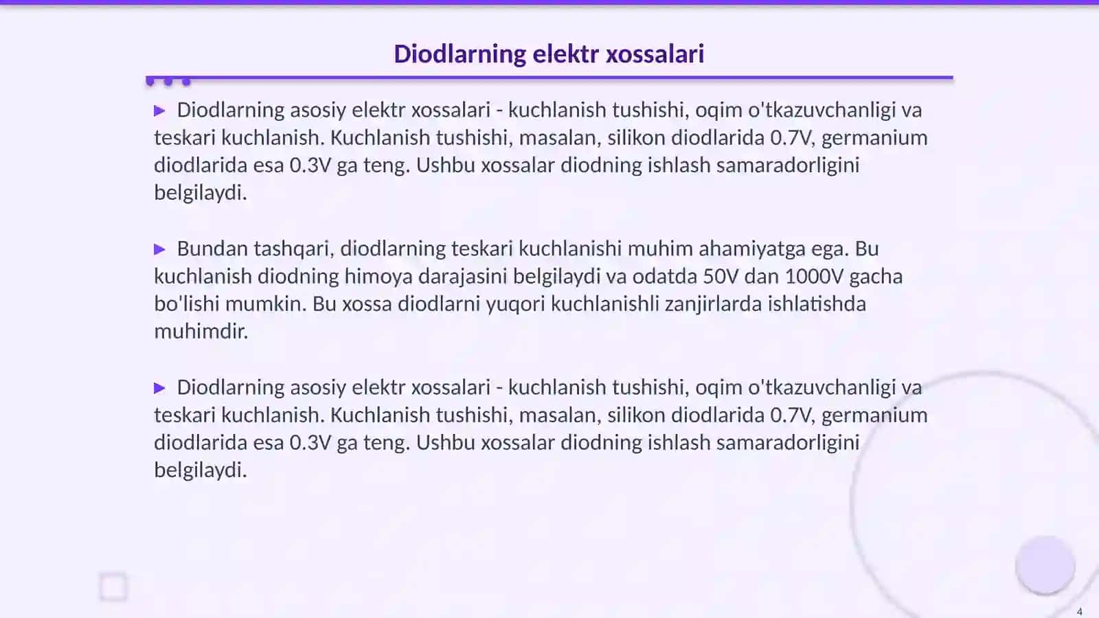Diodlarning elektr xossalarini tekshirish va ularni zanjirga ulash 4