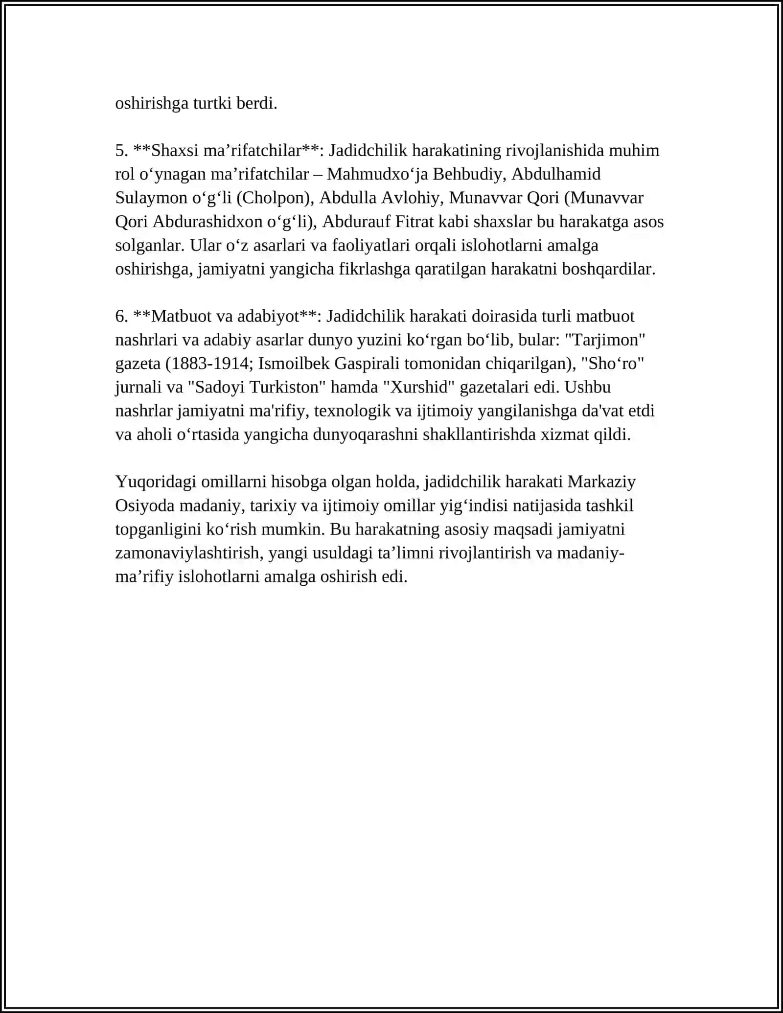Jadid ma'rifatparvarlarining o‘lka ijtimoiy-ma‘naviy hayotida tutgan o‘rni (munavvar qori, fitrat, behbudiy, avloniy va boshq) 4