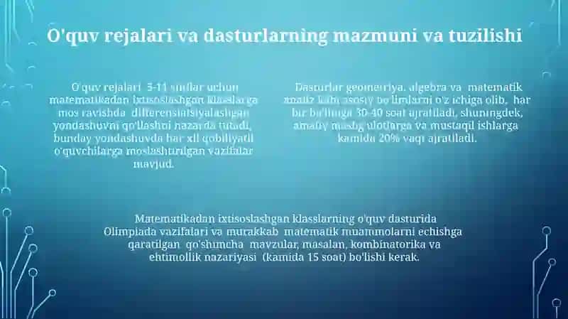 Matematikaga ixtisoslashtirilgan sinflarda oʻqishni tashkil etish 4