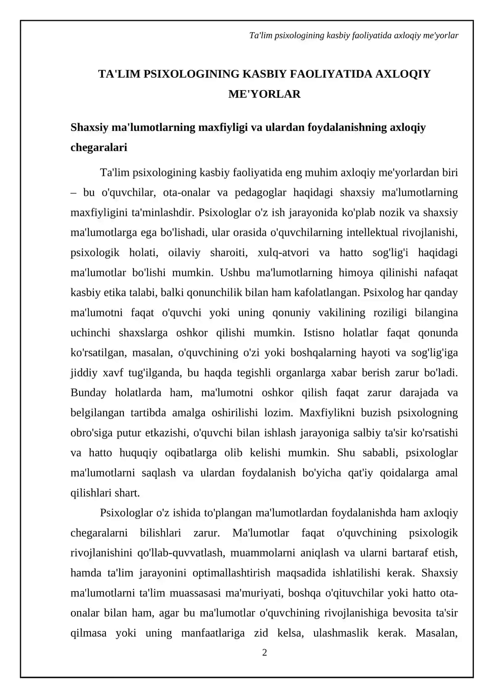 Ta’lim sohasidagi psixologning burchi va majburiyatlari: ishning axloqiy tamoyillari 4